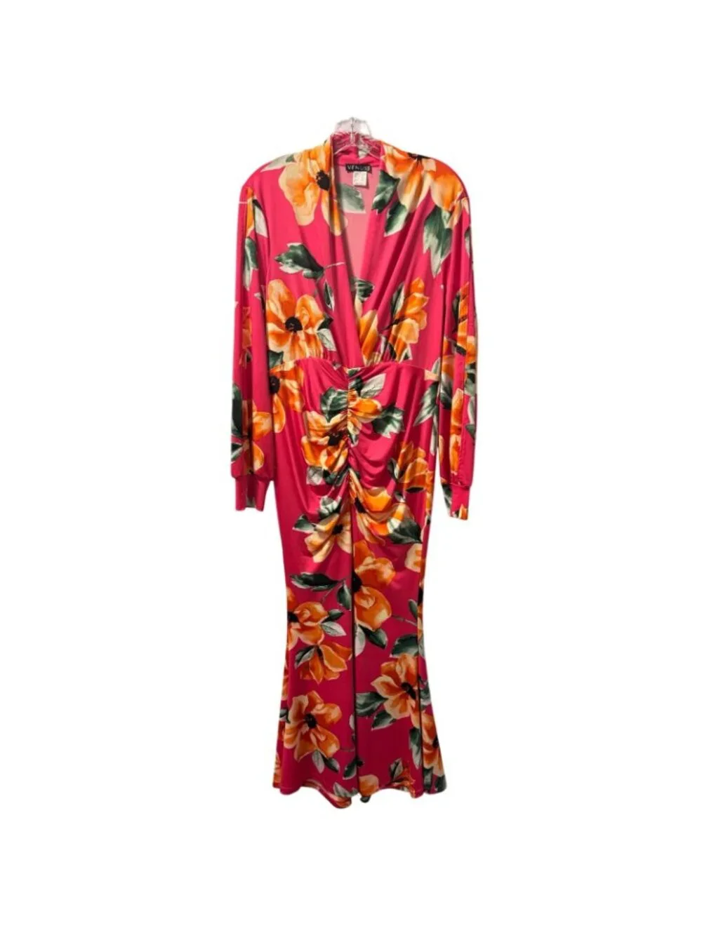 Venus Womens Pink Floral Long-Sleeve Ruched Dress Size M Polyester Dress - Picture 7 of 12